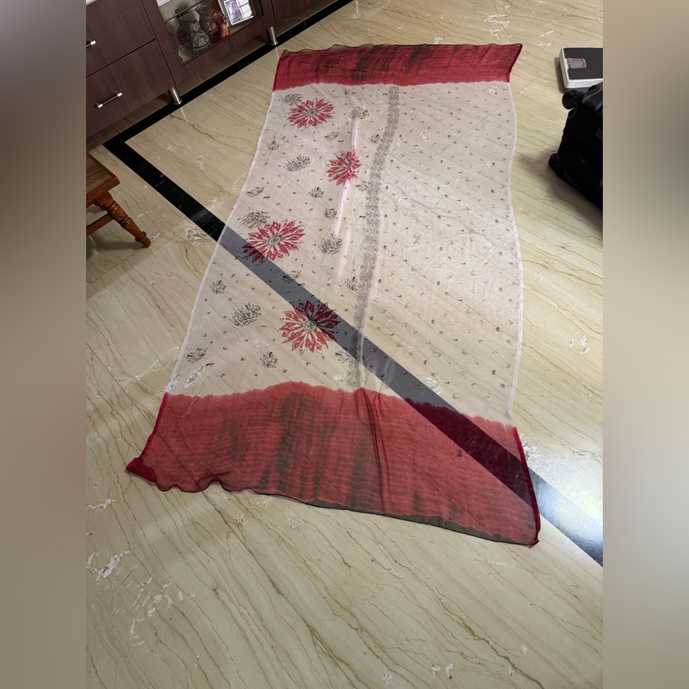 Sheer Floral Scarf/Dupatta with Red Details